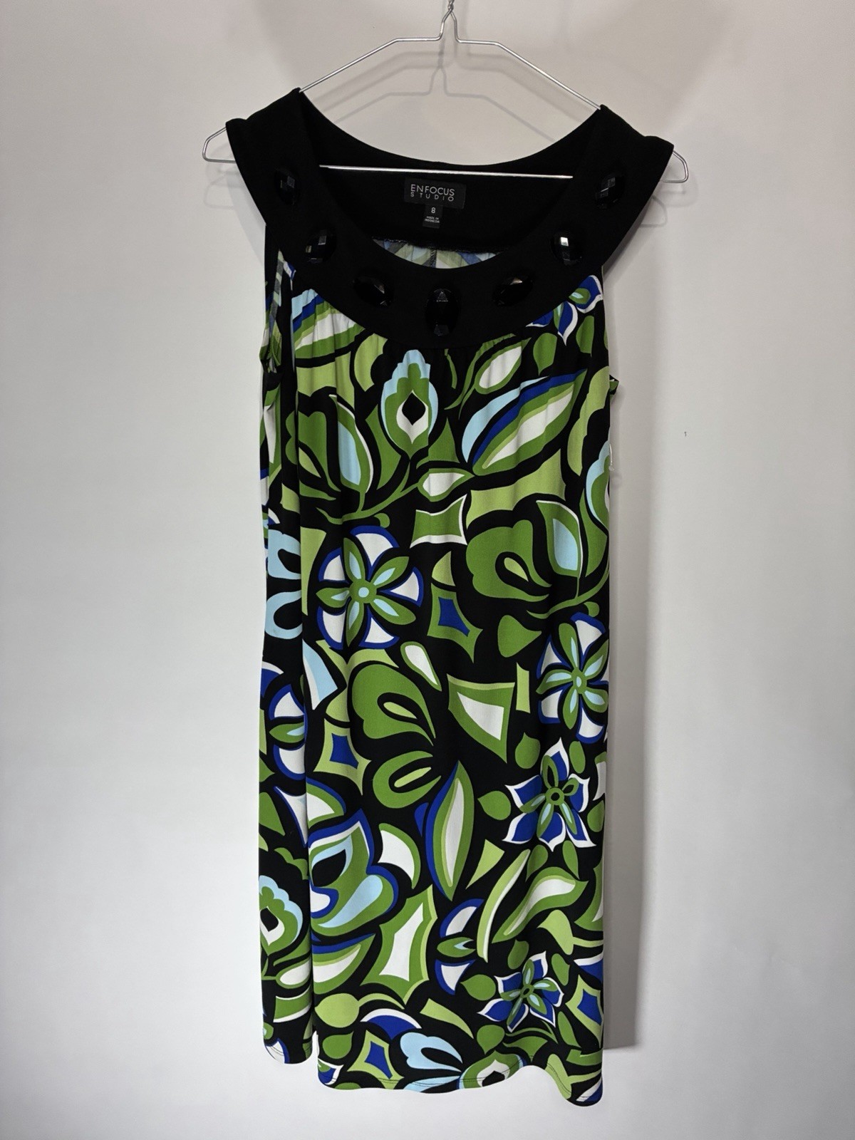 Enfocus Studio Black Green Blue Floral Satin Beaded Scoop Neck Shift Dress 8