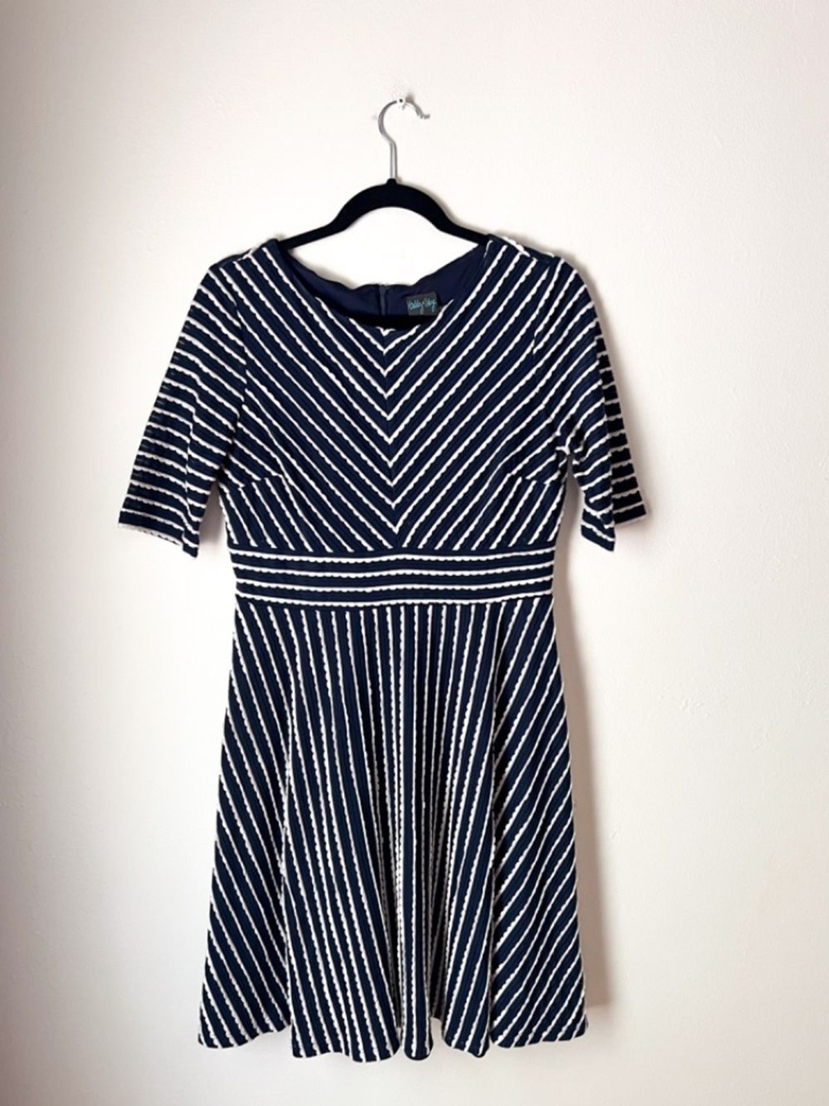 Gabby Skye Navy Striped Fit & Flare Midi Dress Scalloped Trim Size 8