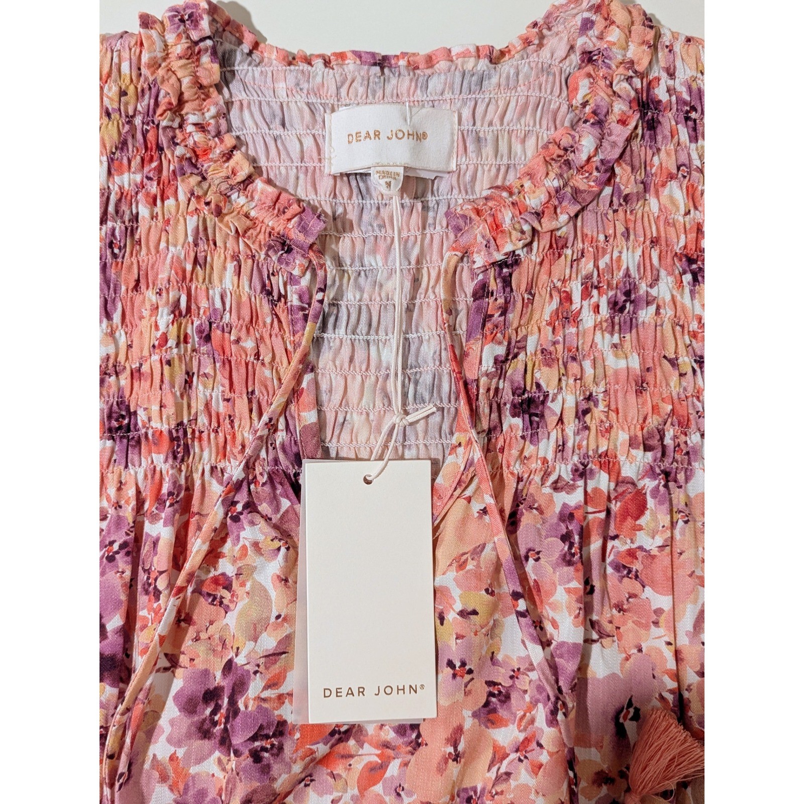 Dear John Floral Tencel Smocked Tiered Mini Dress Pink Purple Floral NWT Size M
