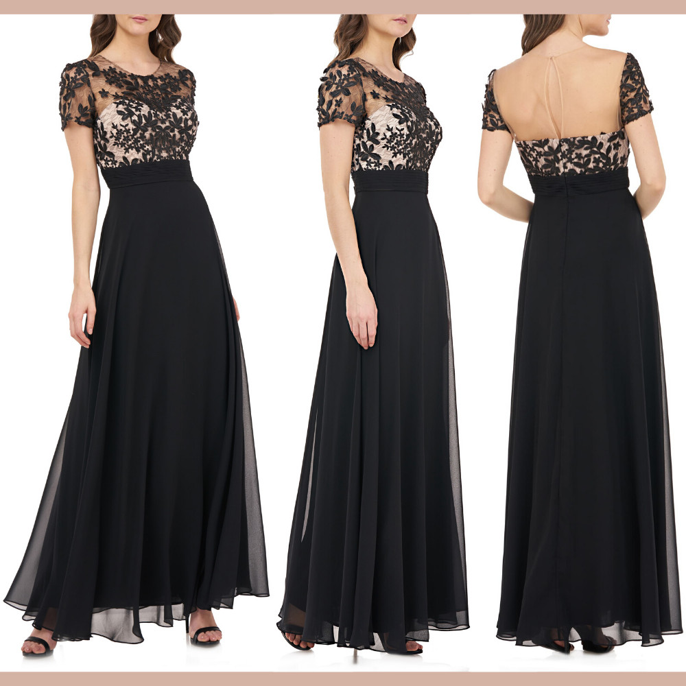 NWT $298 JS Collections Embroidered Illusion Bodice Gown in Black [SZ 8 ] #F809