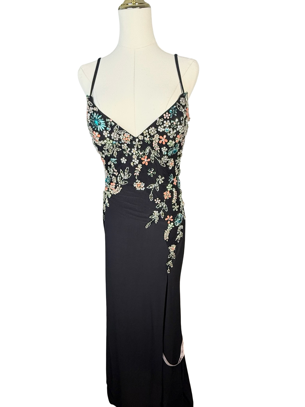 Mac Duggal 42006 Black V-Neck Beaded Floral Cami Gown