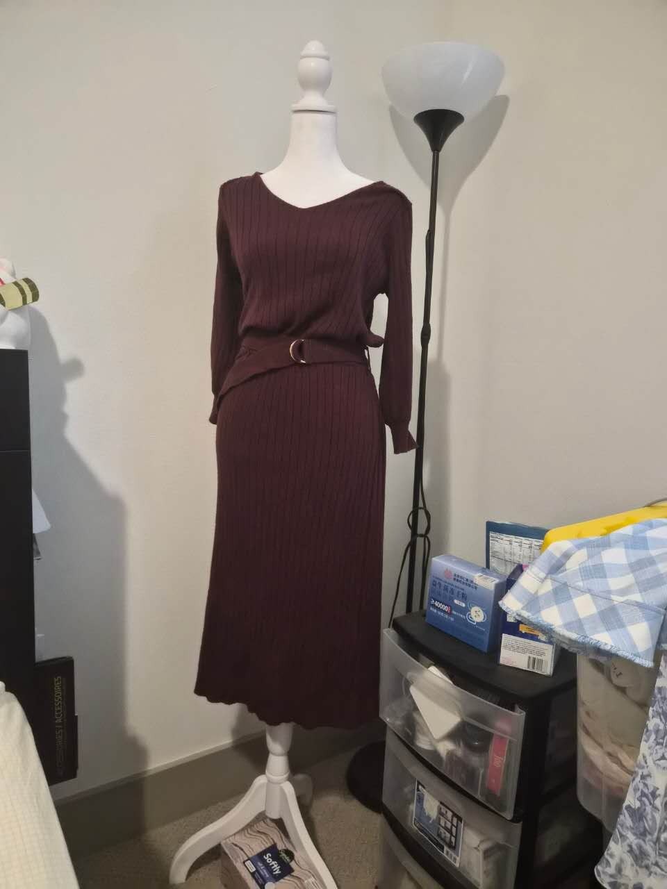Free’s Mart Burgundy Ribbed Knit Midi Dress Set with Belt | One Size