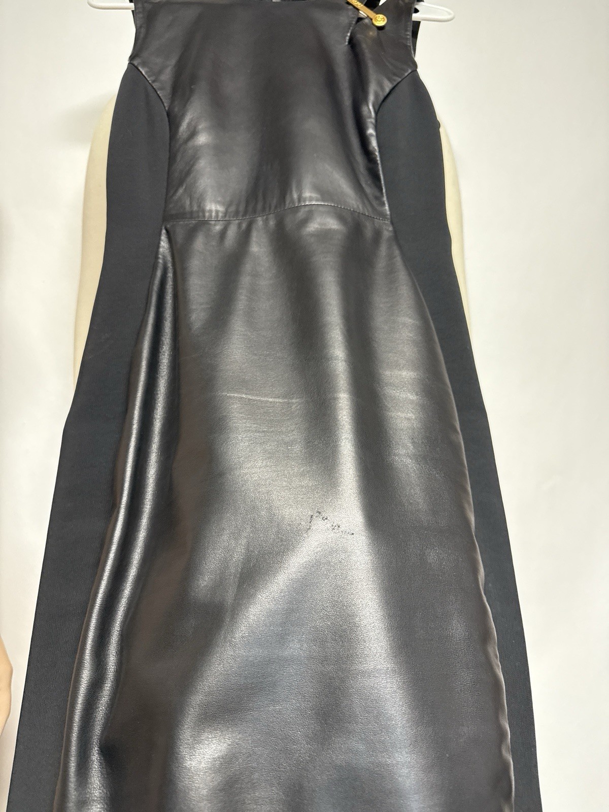 Versace 2019 Black Leather Gold Medusa Brooch Dress IT 38