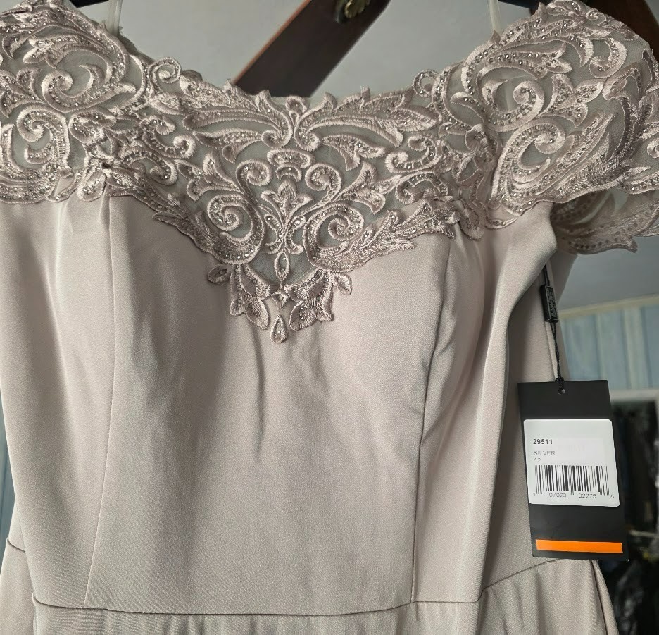 La Femme Bateau A-Line Evening – Silver Taupe Size 12 NWT $398