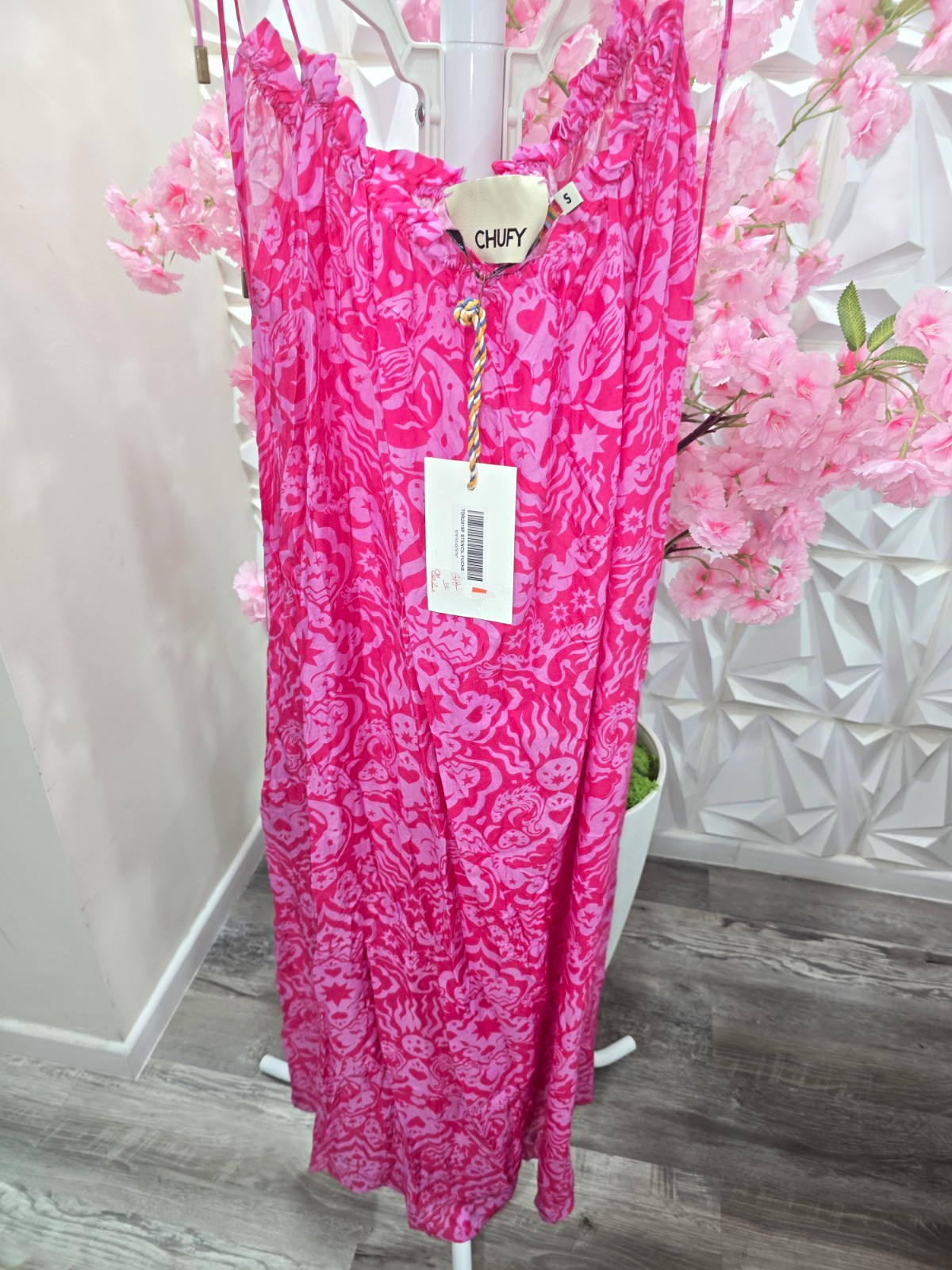 CHUFY Pink Paisley Maxi Dress Square Neck Adjustable Strappy Chiffon S