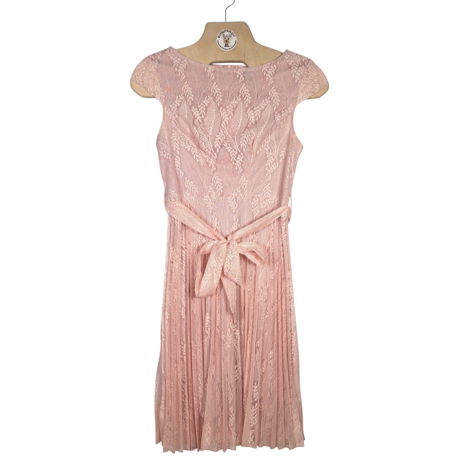 Grefit Pink Leaf Lace Pleated Cap Sleeve Midi Dress Womens Size XS 2 26-1159