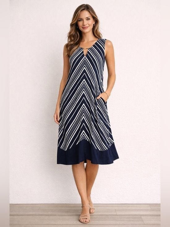 NWT Soma Soft Jersey Swing Dress L Navy White Stripe Pockets