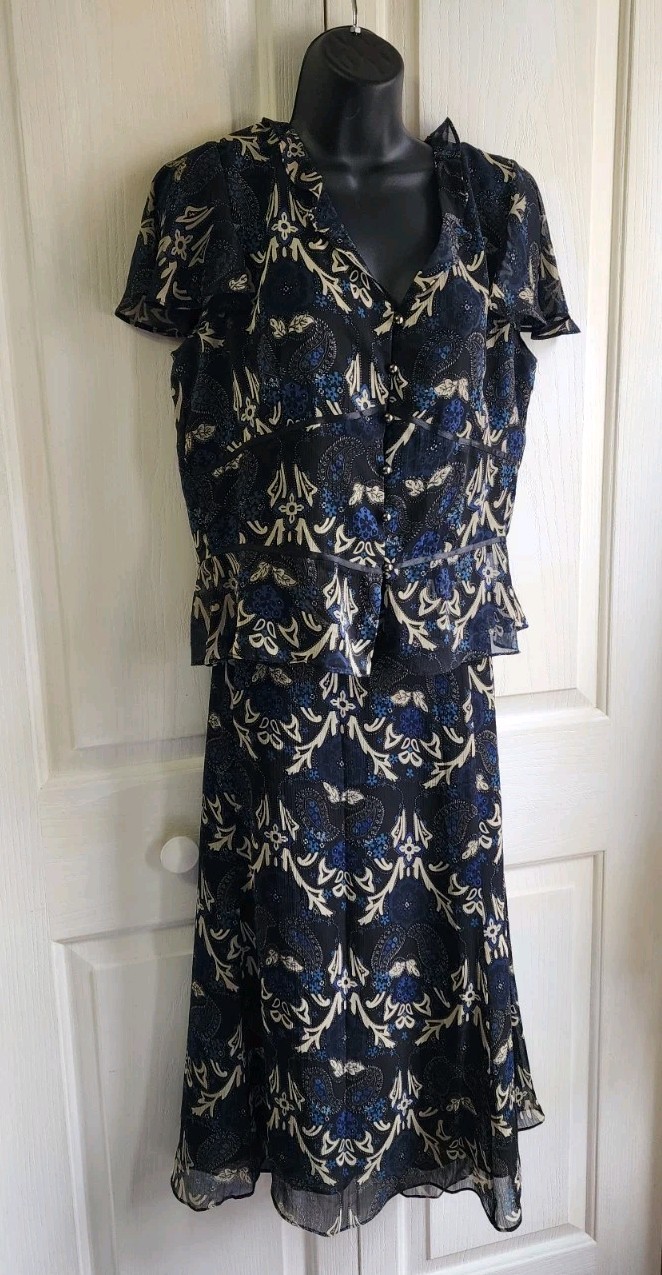 Danny Nicole 2 Pc Dress Set Blue Paisley Sheer Midi Skirt Cottagecore Church
