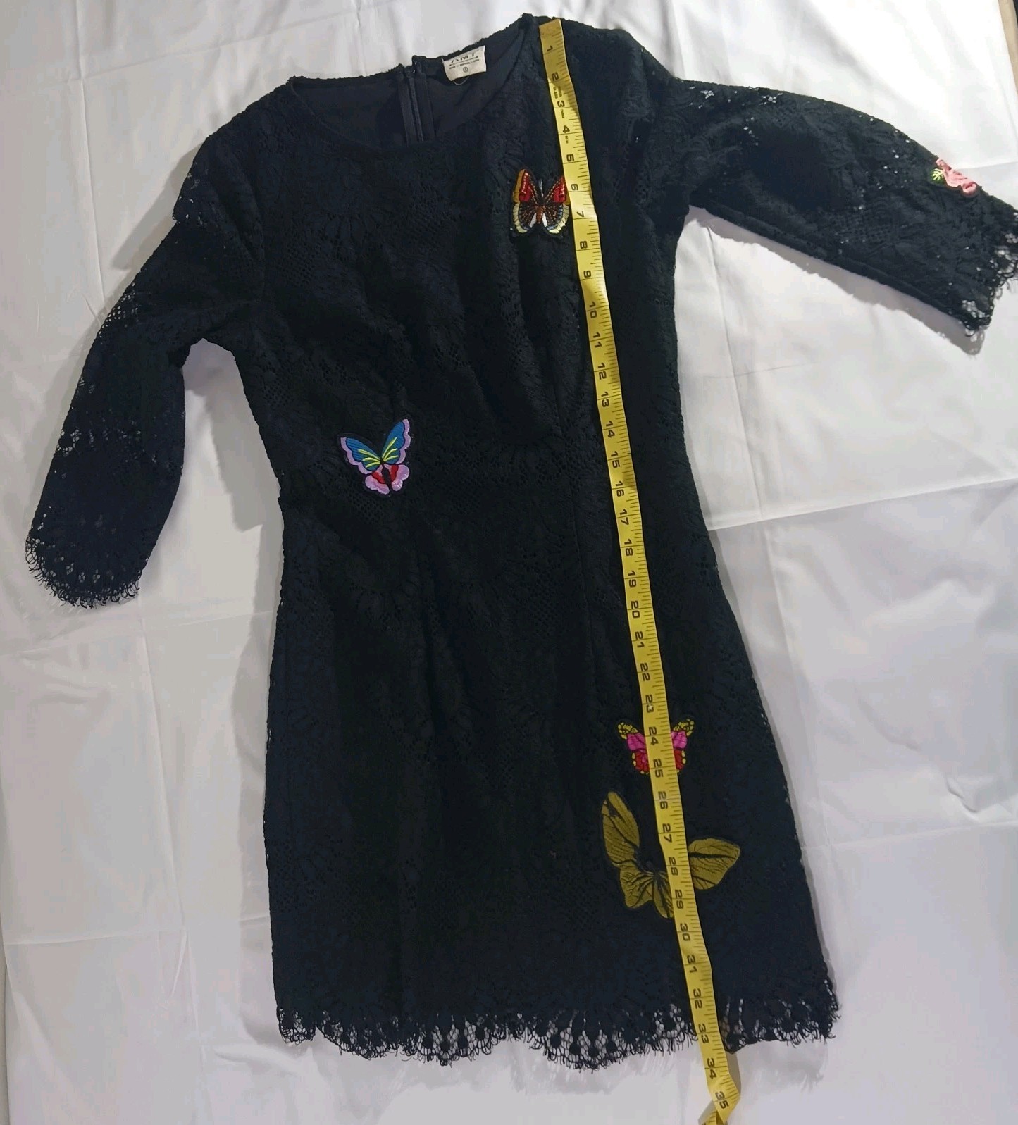 AMT Black Lace Butterfly Embroidered Shift Dress Women’s Size S 3/4 Sleeve Boho