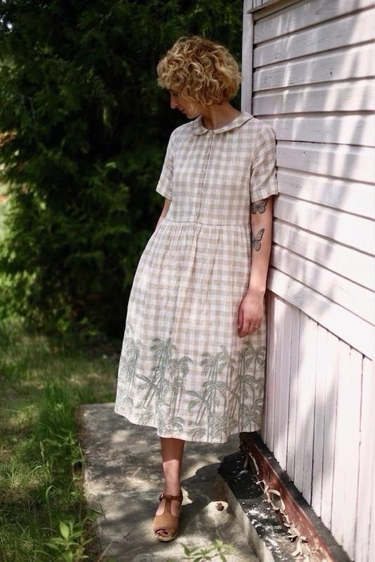 ⁠White Stuff Gingham Palm Tree Embroidered Cotton Midi Dress UK 14 L
