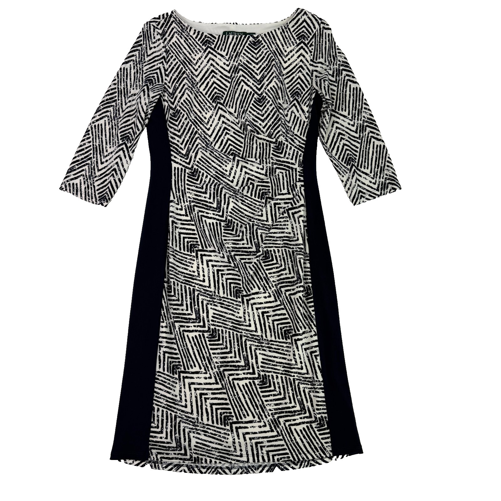 Lauren Ralph Lauren Dress Navy White Sz 10 Geometric Print Ruched 3/4 Sleeve