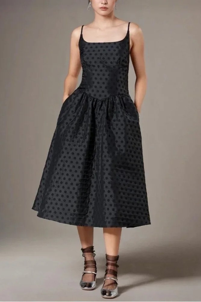 Corey Lynn Calter Valentina Sleeveless Midi Dress Black Sheen Polka Dot M $298