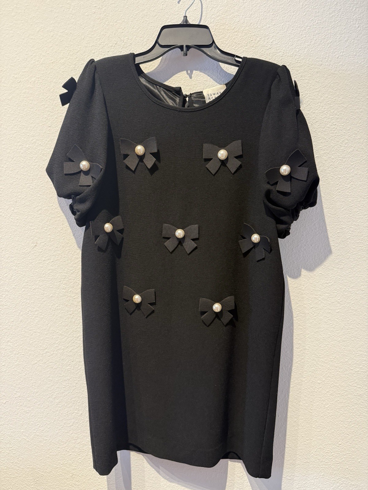 EDWARD ACHOUR PARIS Black Short Sleeve Dress Pearls & Bows Coquette Romantic