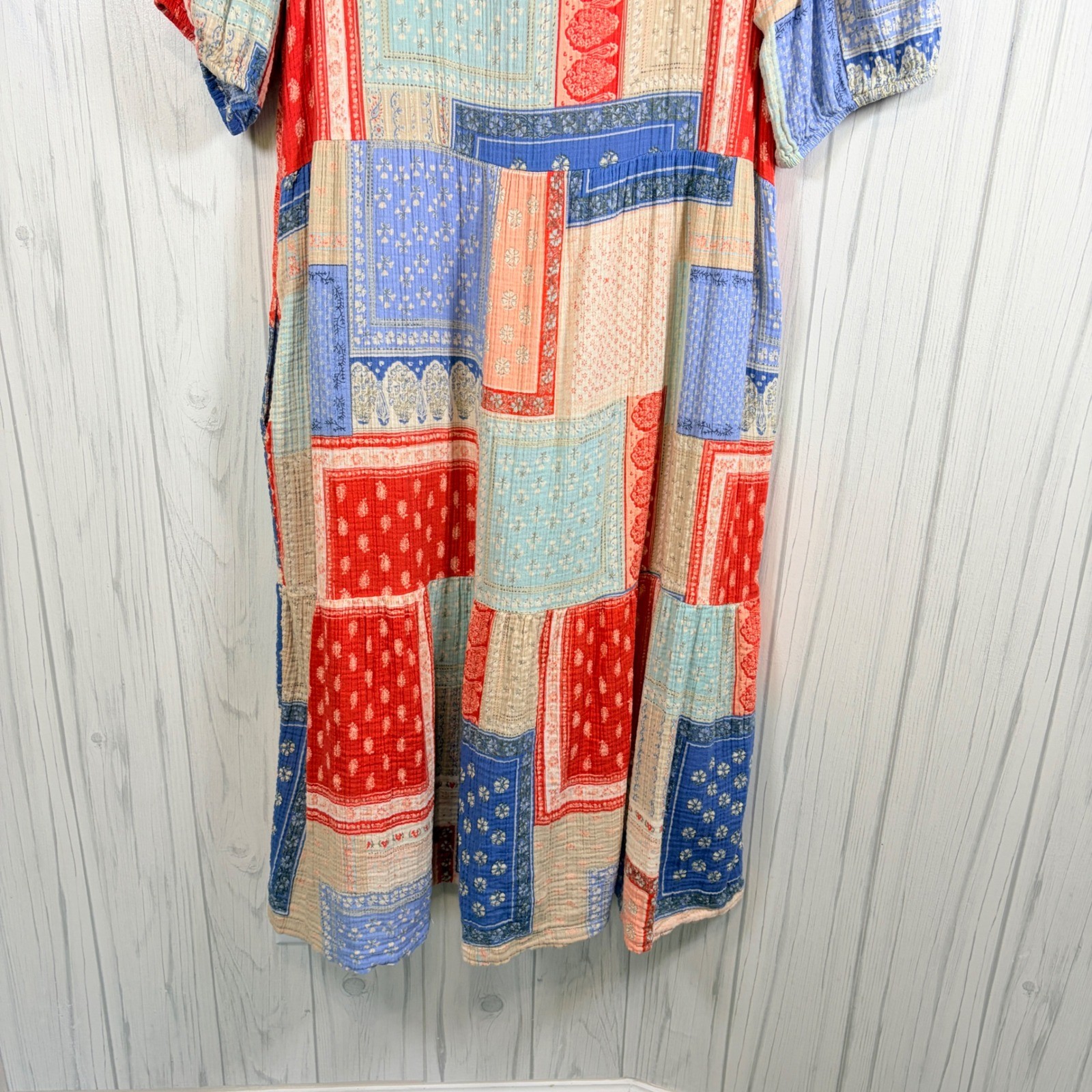 WONDERLY Boho Patchwork Print Cotton Gauze Button-Front Midi Shirt Dress, XL