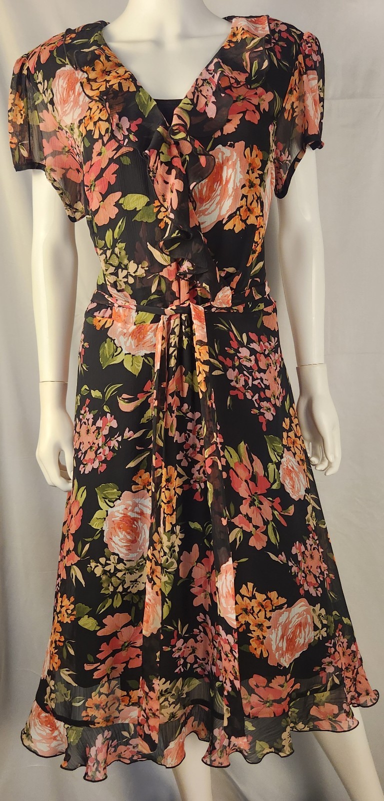 CJ Banks Romantic Floral Midi Dress Ruffle Collar Belted Removable Lining 16W