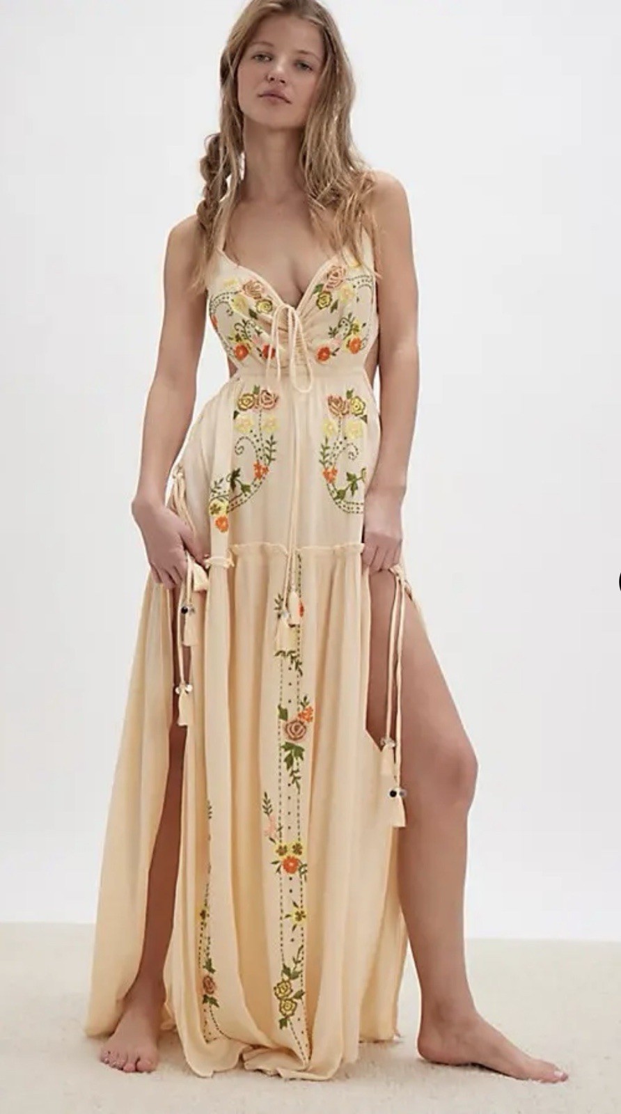 Free People Bali Palm Desert Maxi Bodysuit Floral Embroidery Ivory Combo M NWT
