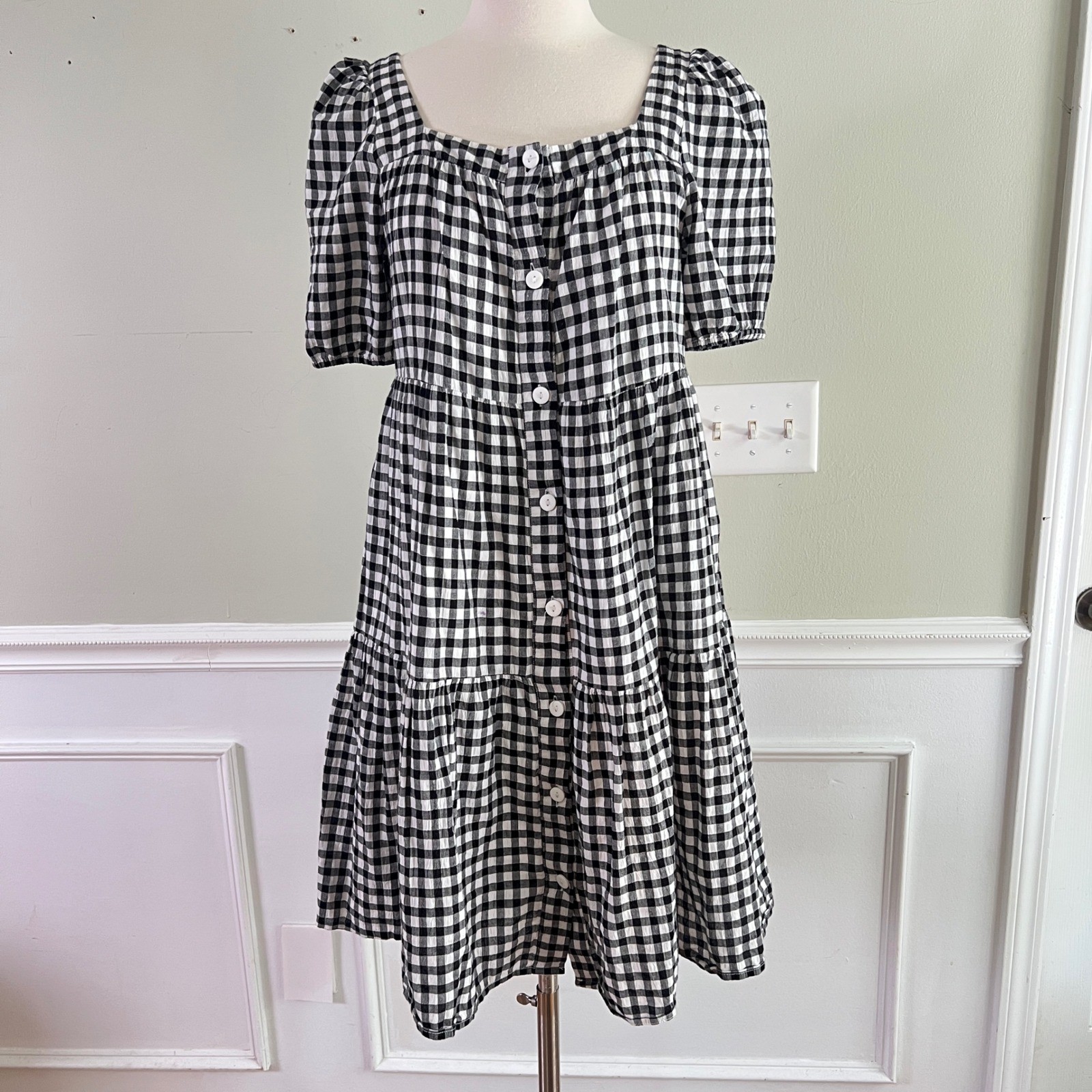 Beachlunchlounge Gingham Dress XS Womens Tiered Puff Sleeve Black White Picnic
