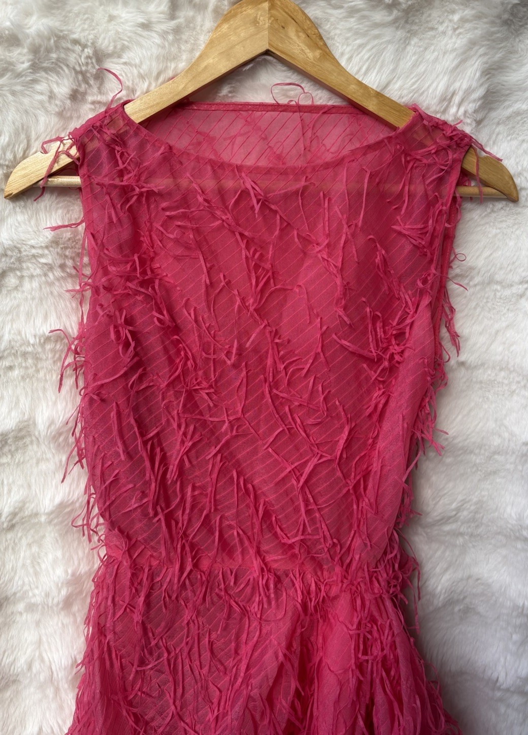 SCANLAN THEODORE Rare Pink Fringe Textured Silk Dress Sheer Overlay Party AU 6 8