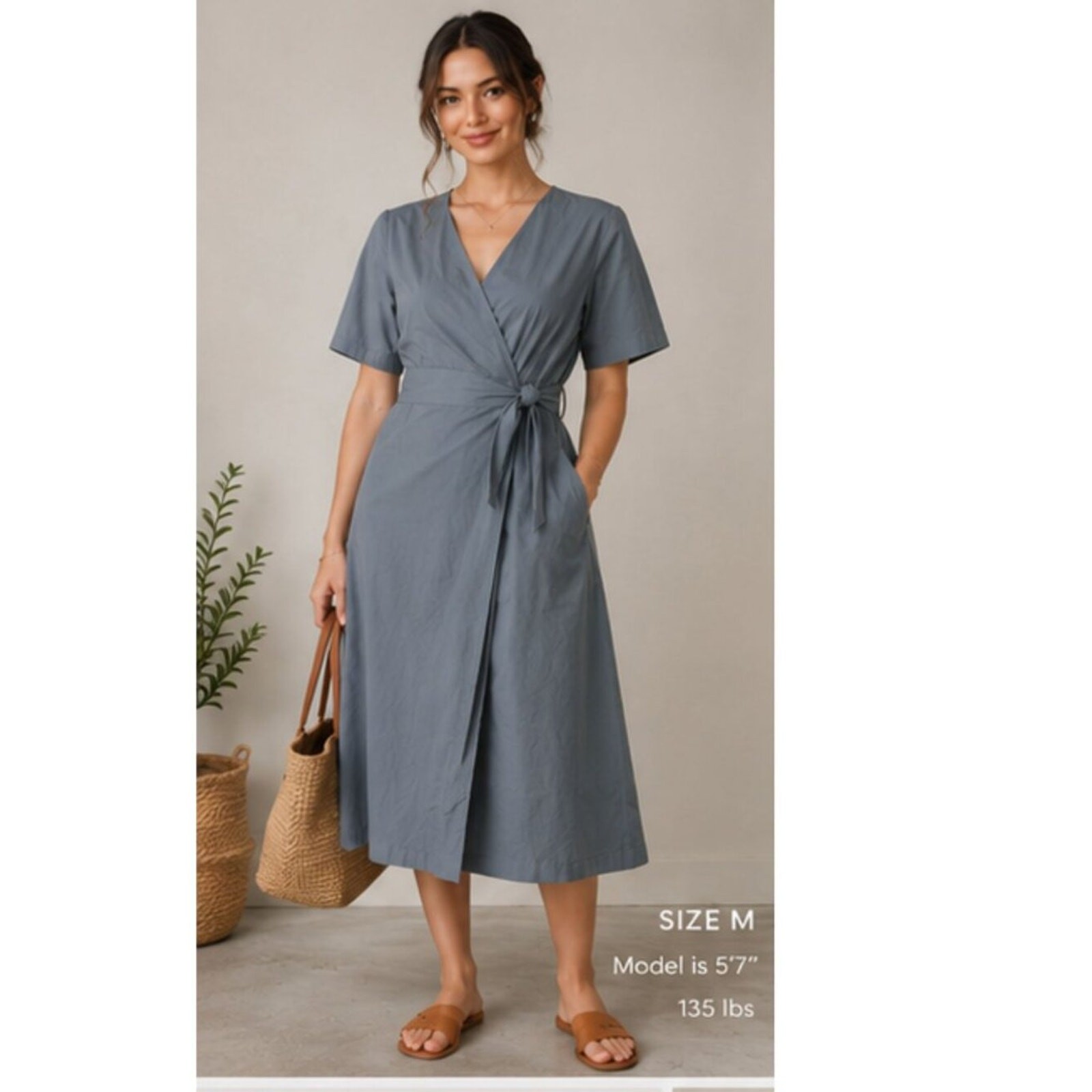 Margin Weathered Blue Cotton Wrap Midi Dress Tie Waist Pockets Size Medium
