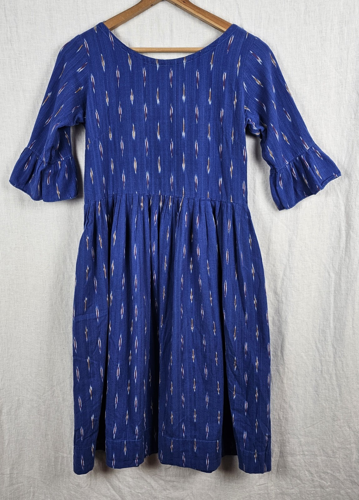 Womens Ikat Blue Cotton Dress Sz S Midi Pleated Ruffled Cuff Sleeves Dyed Yarn