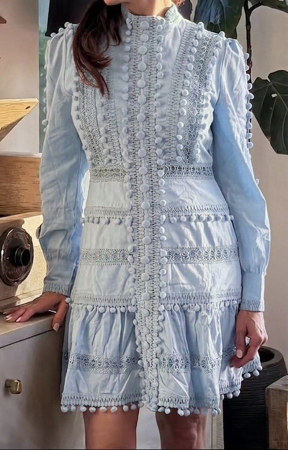 Layered with Love Pom-Pom Trim Crochet Lace Insets Long Blouson Sleeves Dress