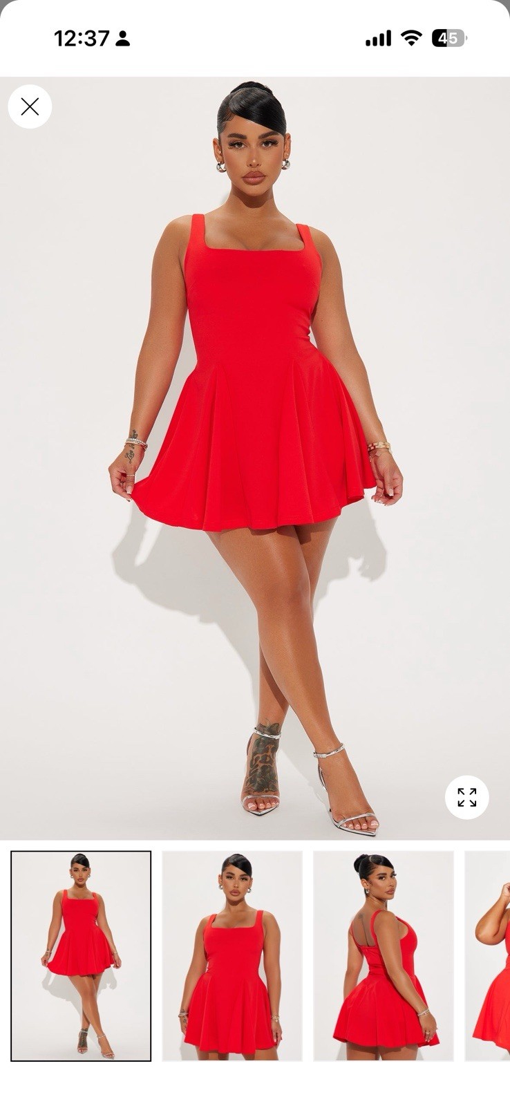 Red Square Neck Sleeveless Fit & Flare Skater Mini Dress S Zip Stretch