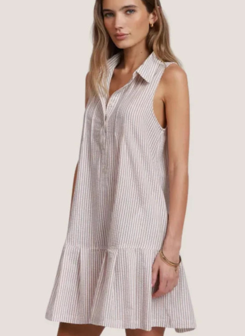 SUNDANCE Dylan Romper Dress Tan & White Stripe Button Sleeveless Collar Large