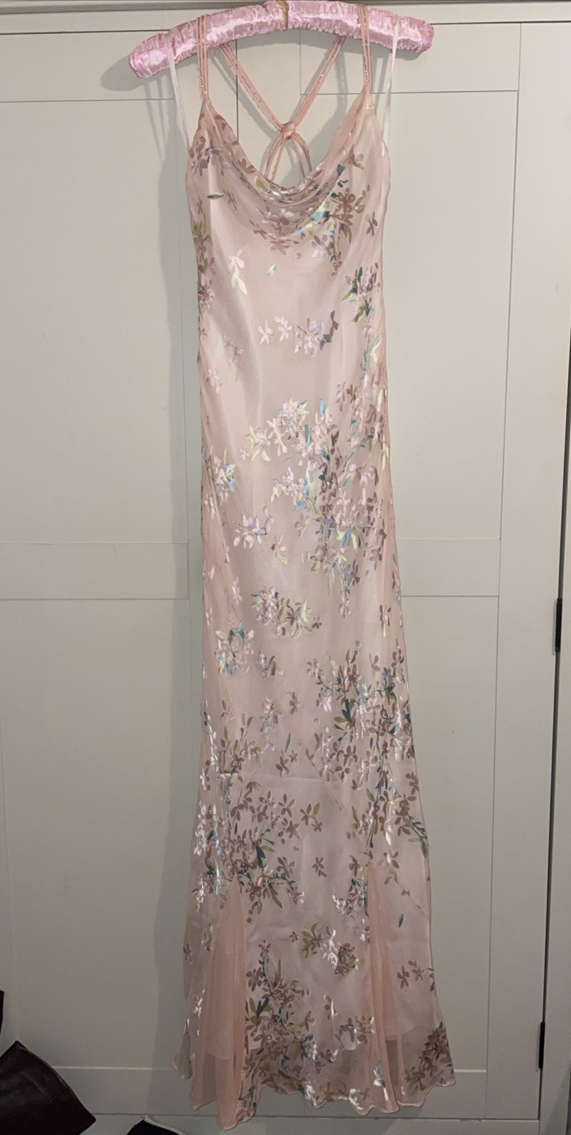 90s Monsoon bias cut Silk Floral Long Dress UK 8 Baby Pink Y2k Embellished