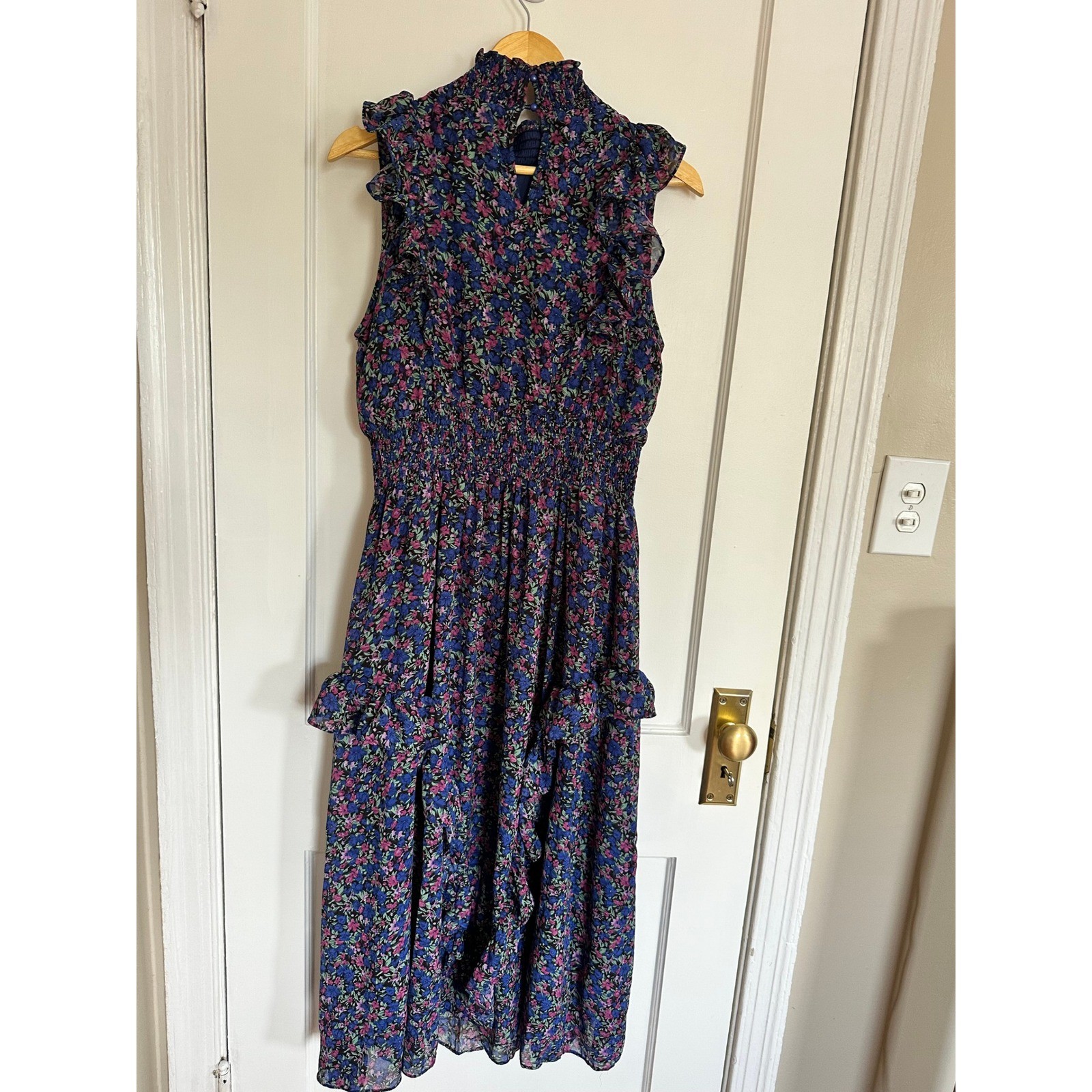 Lulus Evalina Blue Floral Midi Dress Smocked Ruffle Garden Wedding Guest Large