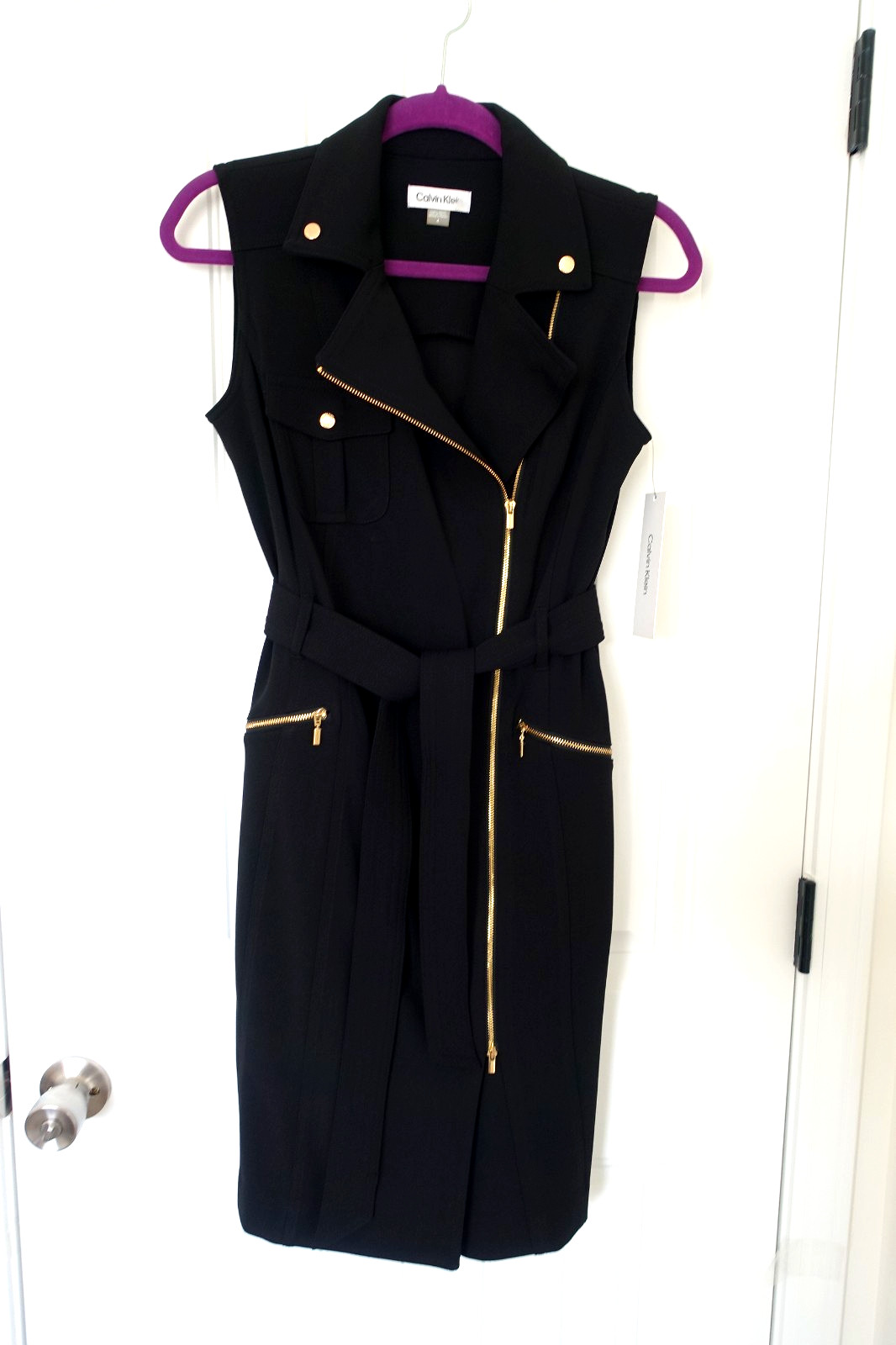 NWT Calvin Klein Belted, Moto Sheath Dress, Black, Size 4 $99
