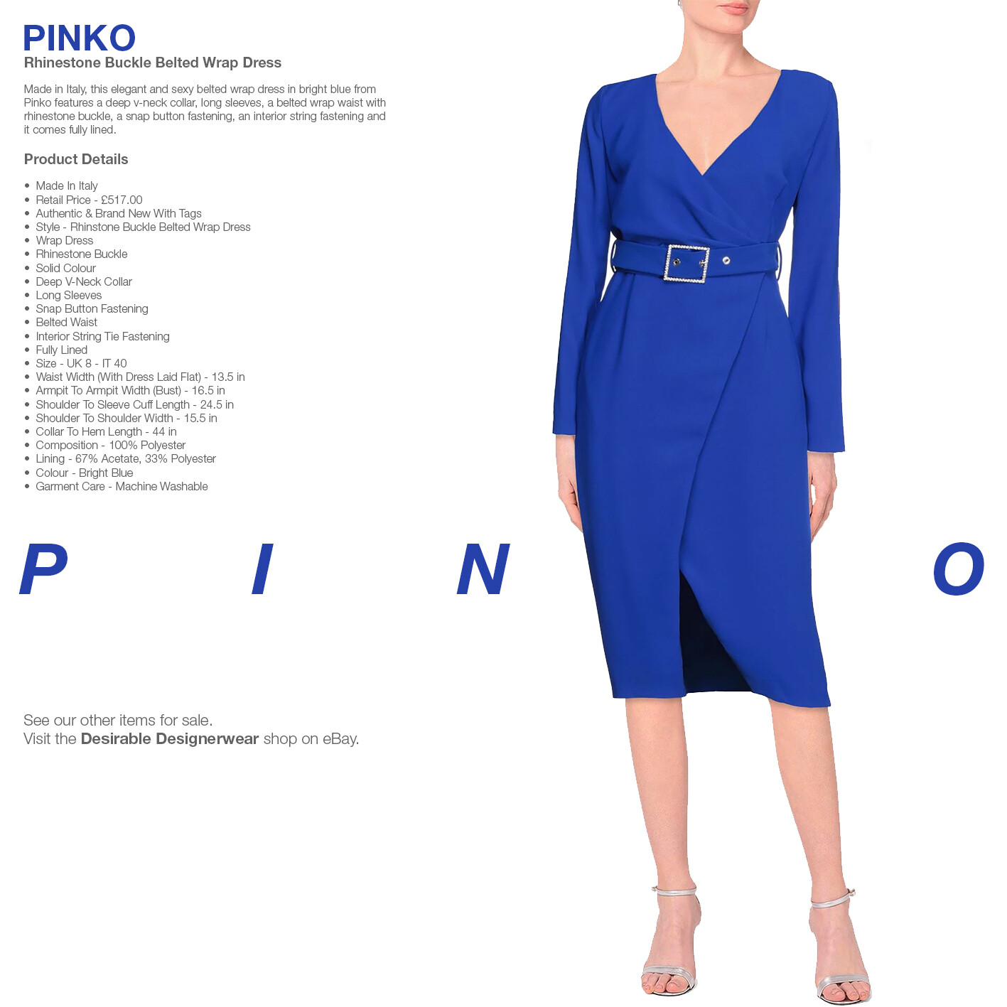 PINKO Wrap Dress Belted Midi Office Day Dress Electric Blue Size 40 – RP £517.00