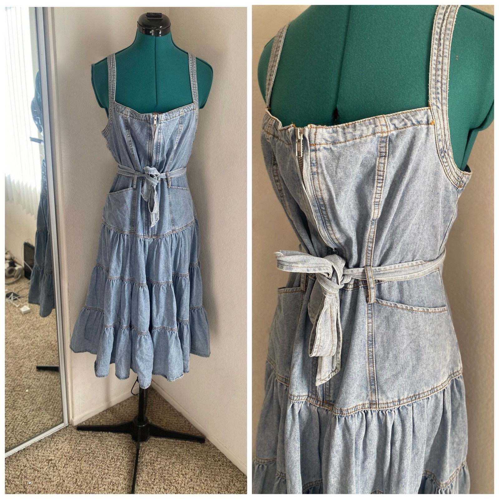 Blue B Light Blue Denim Tiered Midi Dress with Waist Tie Size L