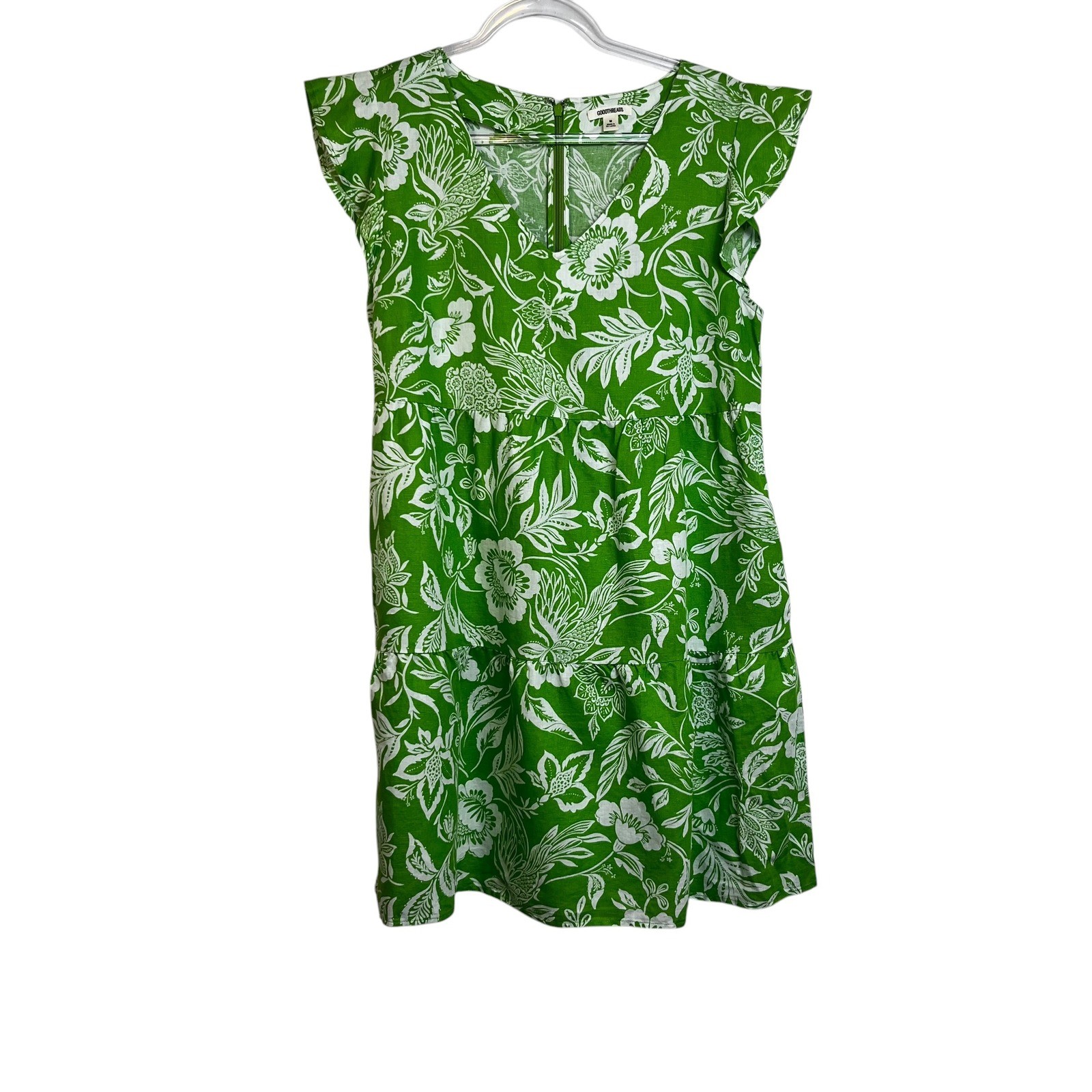 Goodthreads Green Floral Linen Blend Flutter Sleeve Tiered Mini Dress Womens M