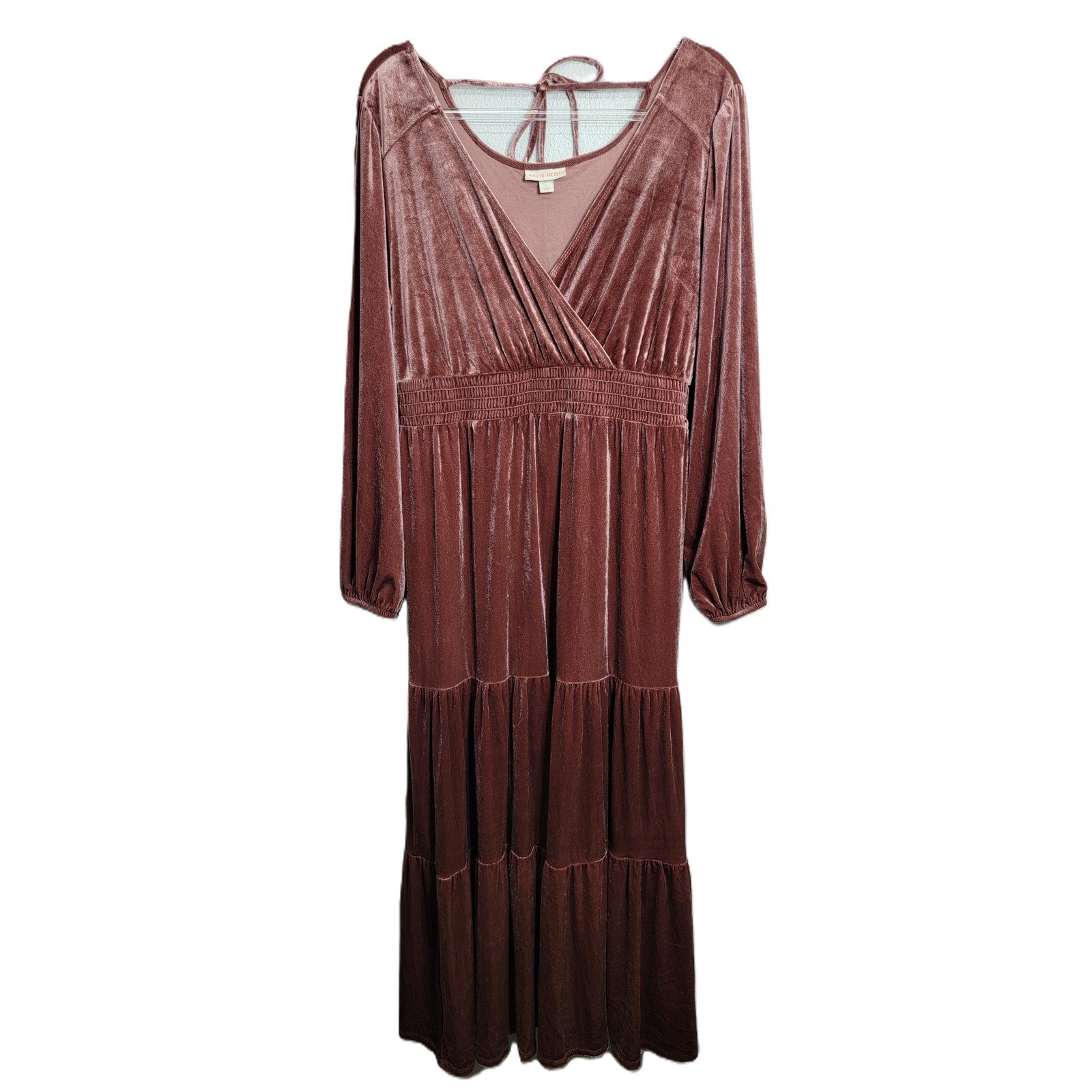 Knox Rose Womens Large Mauve Velvet Maxi Dress Long Sleeve Smocked Waist V-Neck