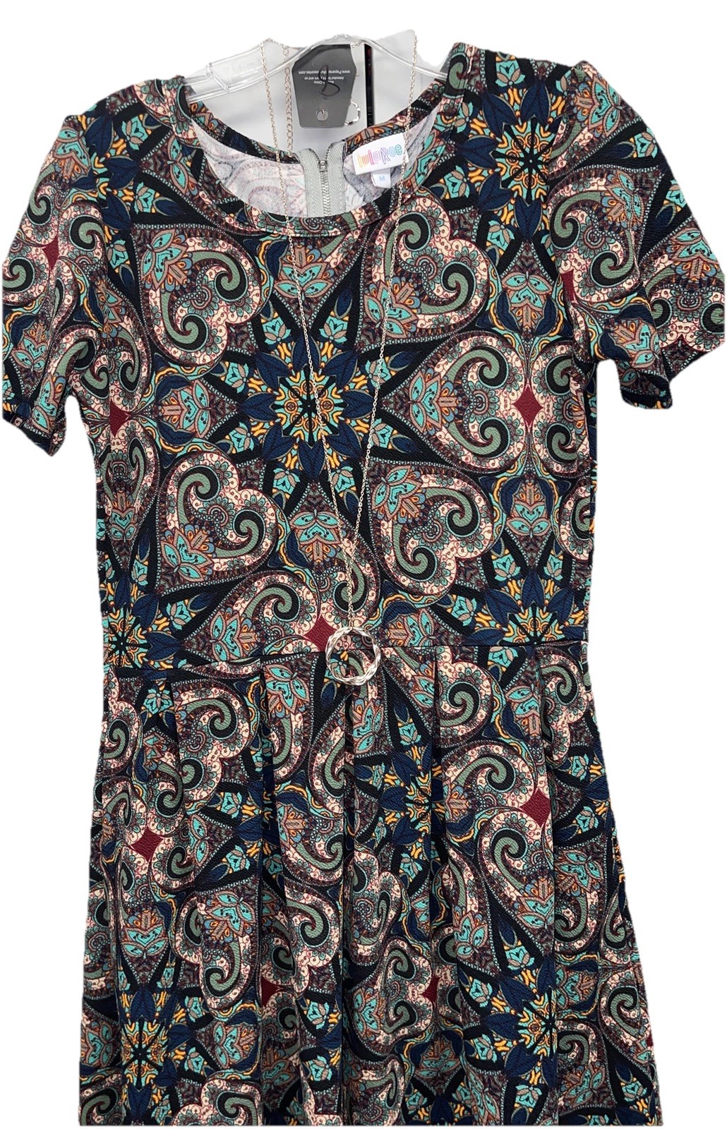 NWT LuLaRoe Medium Black Navy Maroon Green Gold Paisley Amelia Zip Dress
