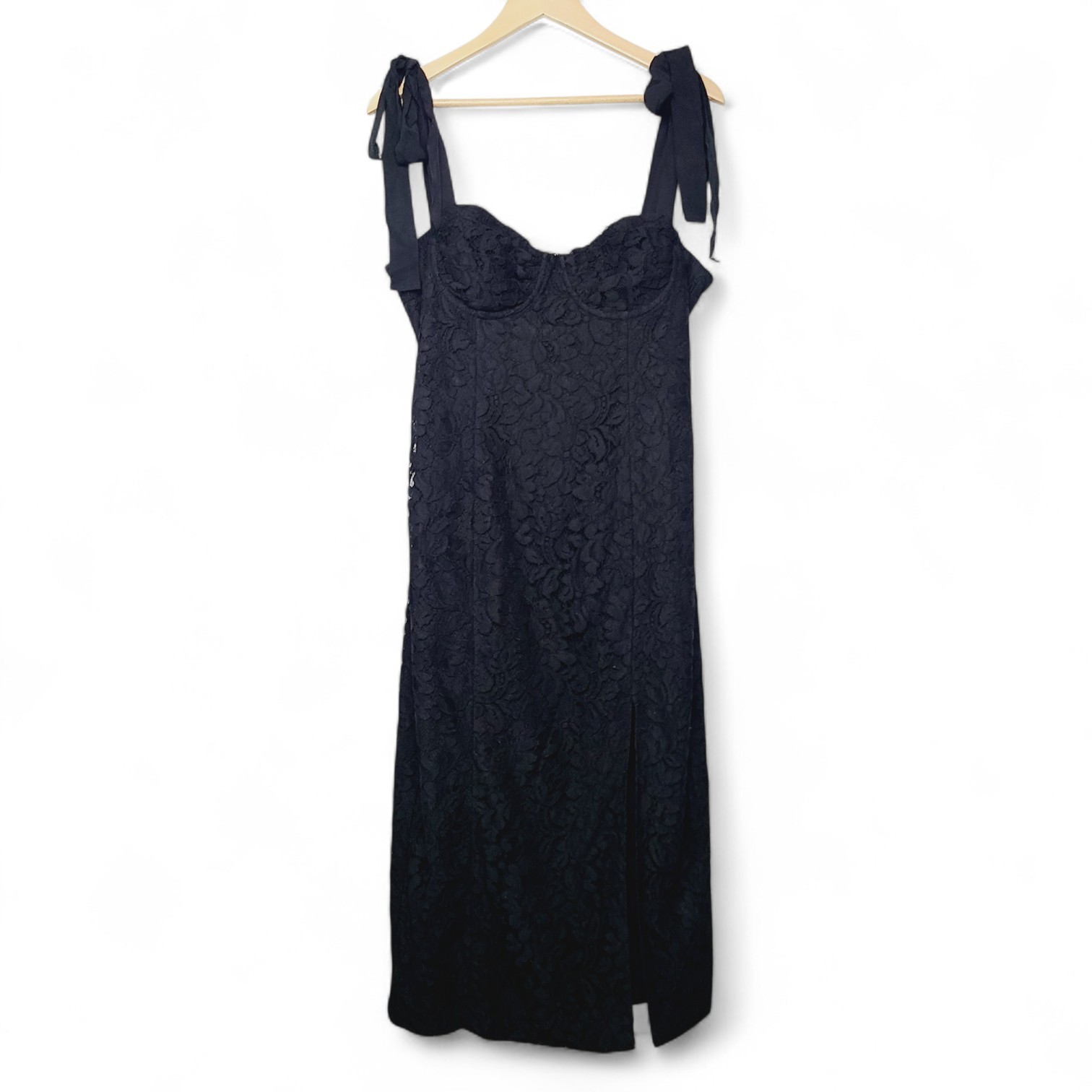 Lovers Friends Mary Kate Lace Midi Dress Black Tie-Shoulder Slit Romantic XL