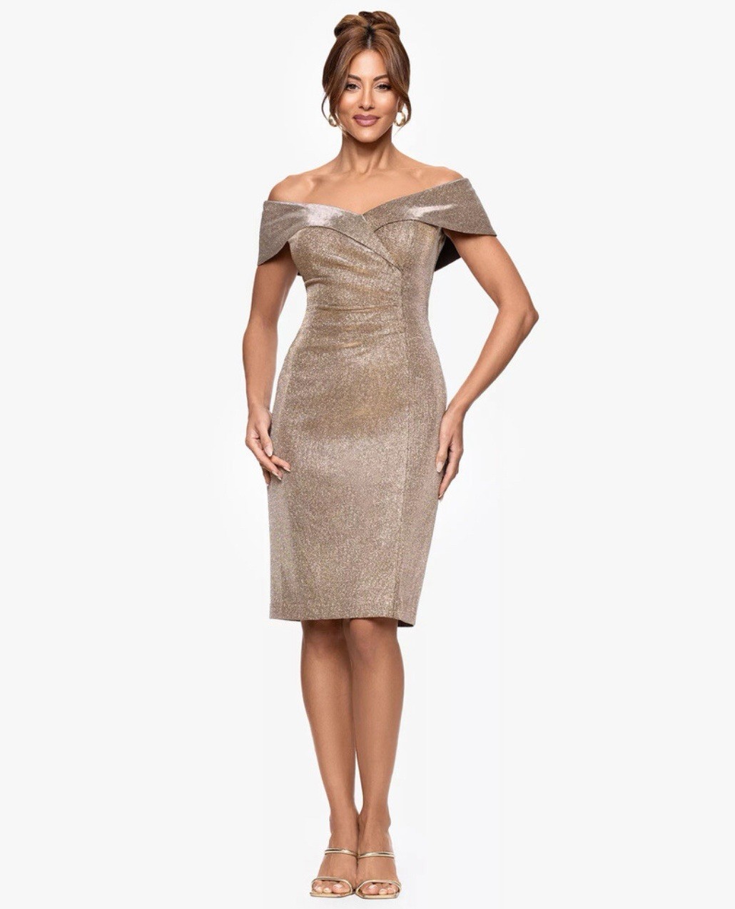 Xscape Sand Metallic Sparkle Off-the-Shoulder Glitter Fit Flare Gown Size 12 NWT