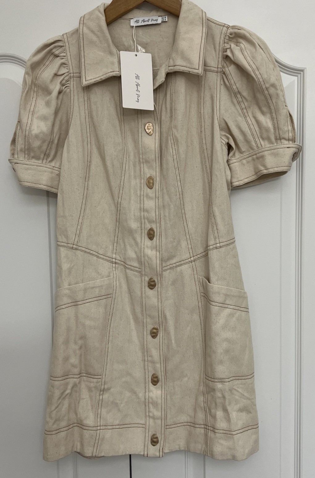 All About May Mini Cotton Safari Shirt Dress Cream Gold Buttons Pockets NWT