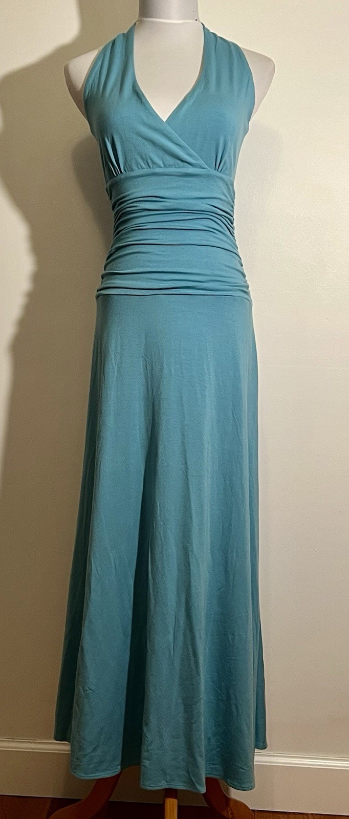 SPIEGEL Sz XS Aqua Blue Stretch Knit Sleeveless Ruched Tummy Maxi Dress Vintage