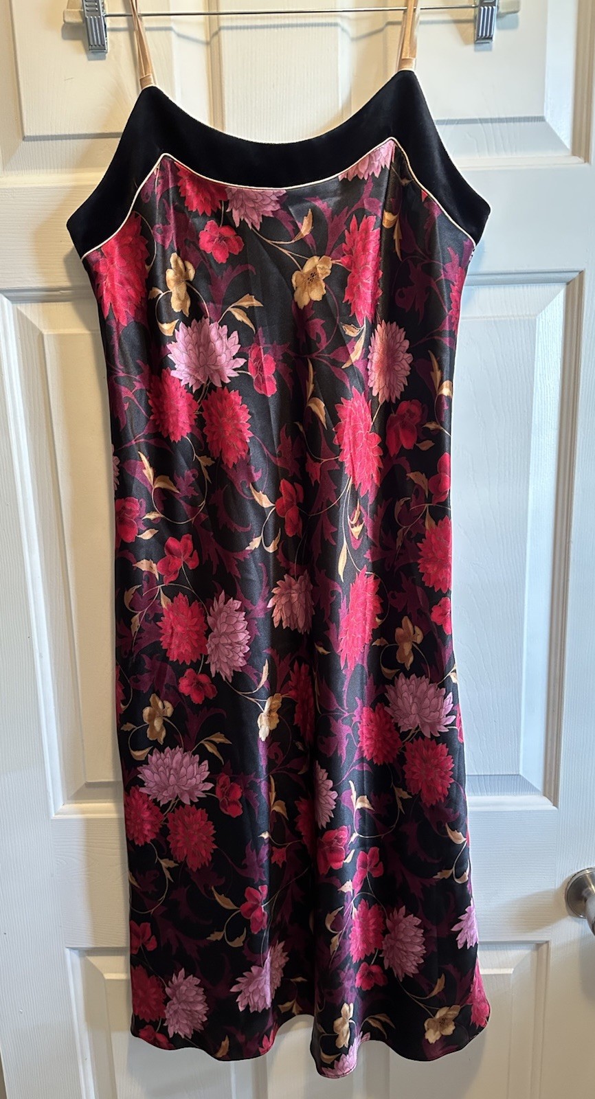 VTG Whimsigoth Halston Black Floral Satin Velvet Slip Dress Dark Romantic PL