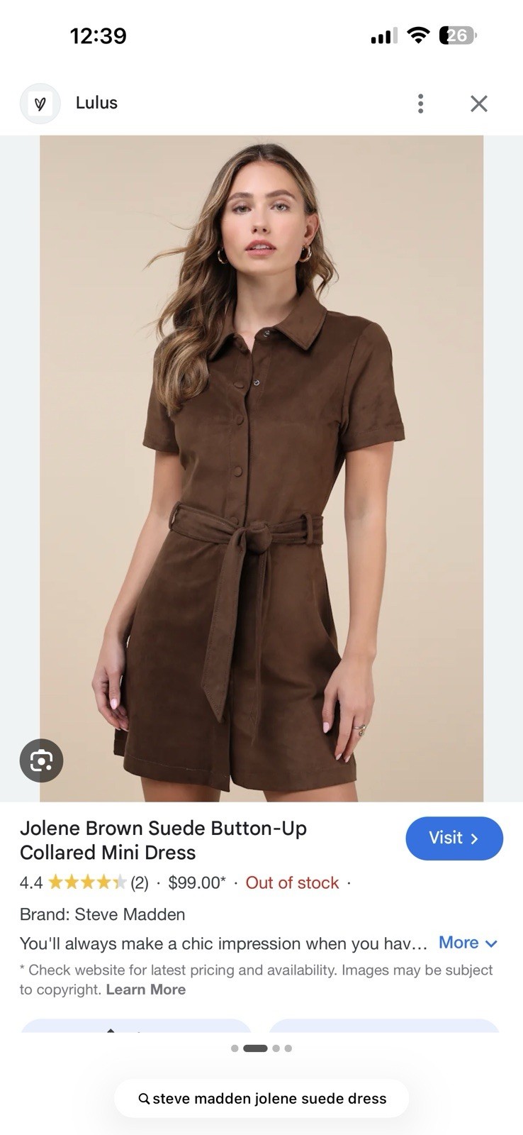 Steve Madden Brown Faux Suede Belted Mini Shirt Dress Button Front Size S