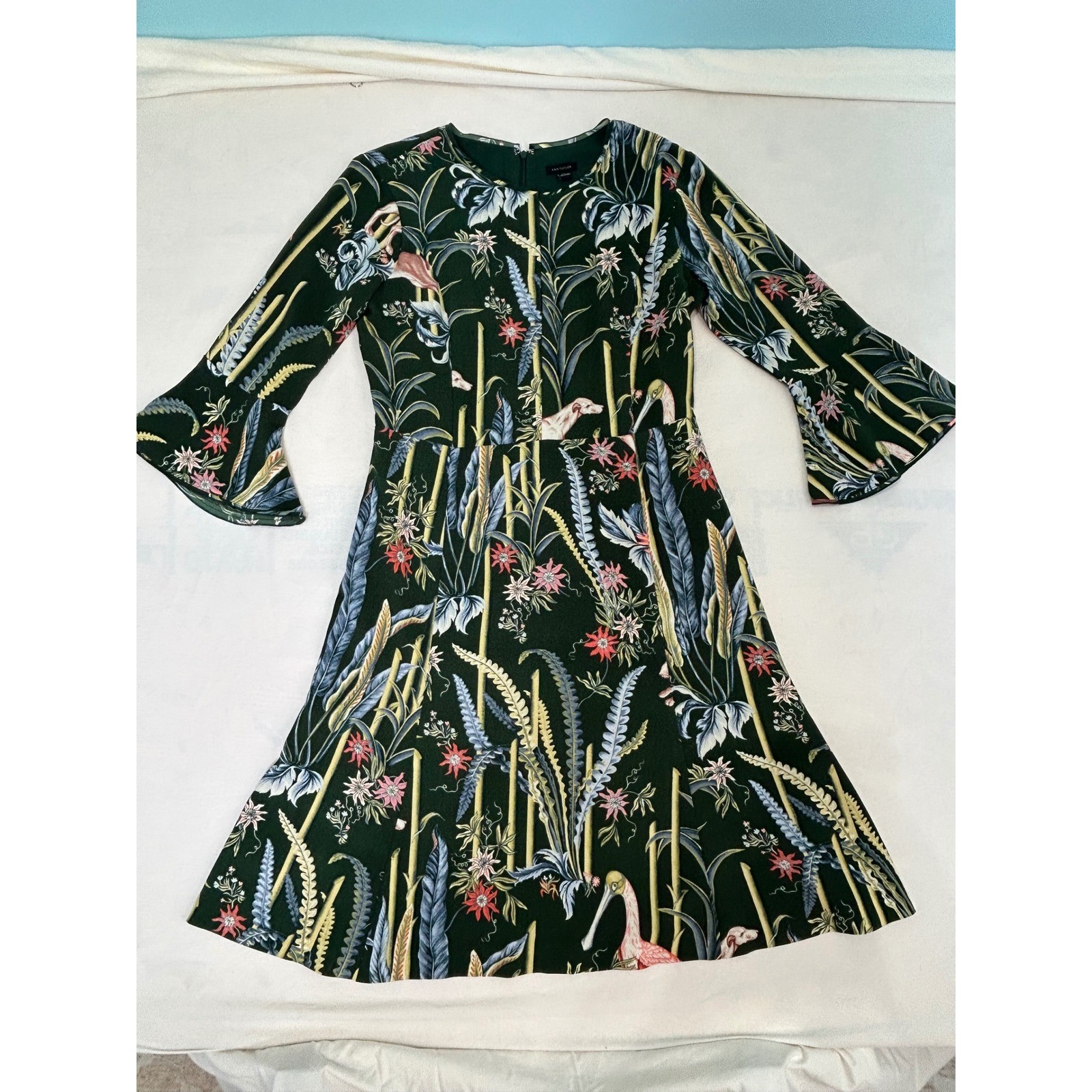 Ann Taylor Tropical Botanical Flamingo Print Bell Sleeve Fit Flare Dress Green 8