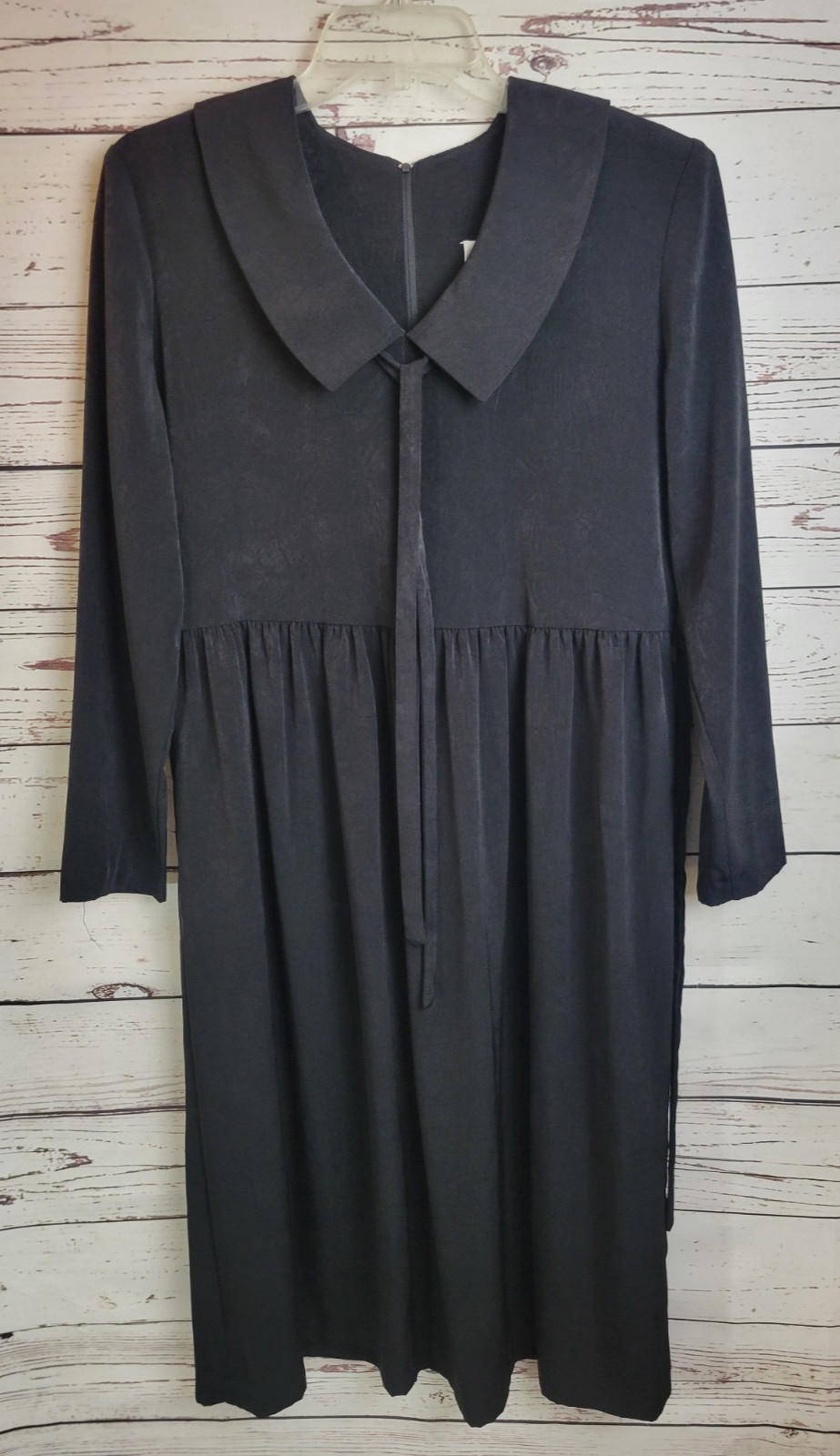 EJM Midi Dress Black Collared Tie Neck & Waist Long Sleeve Women’s Size 10P