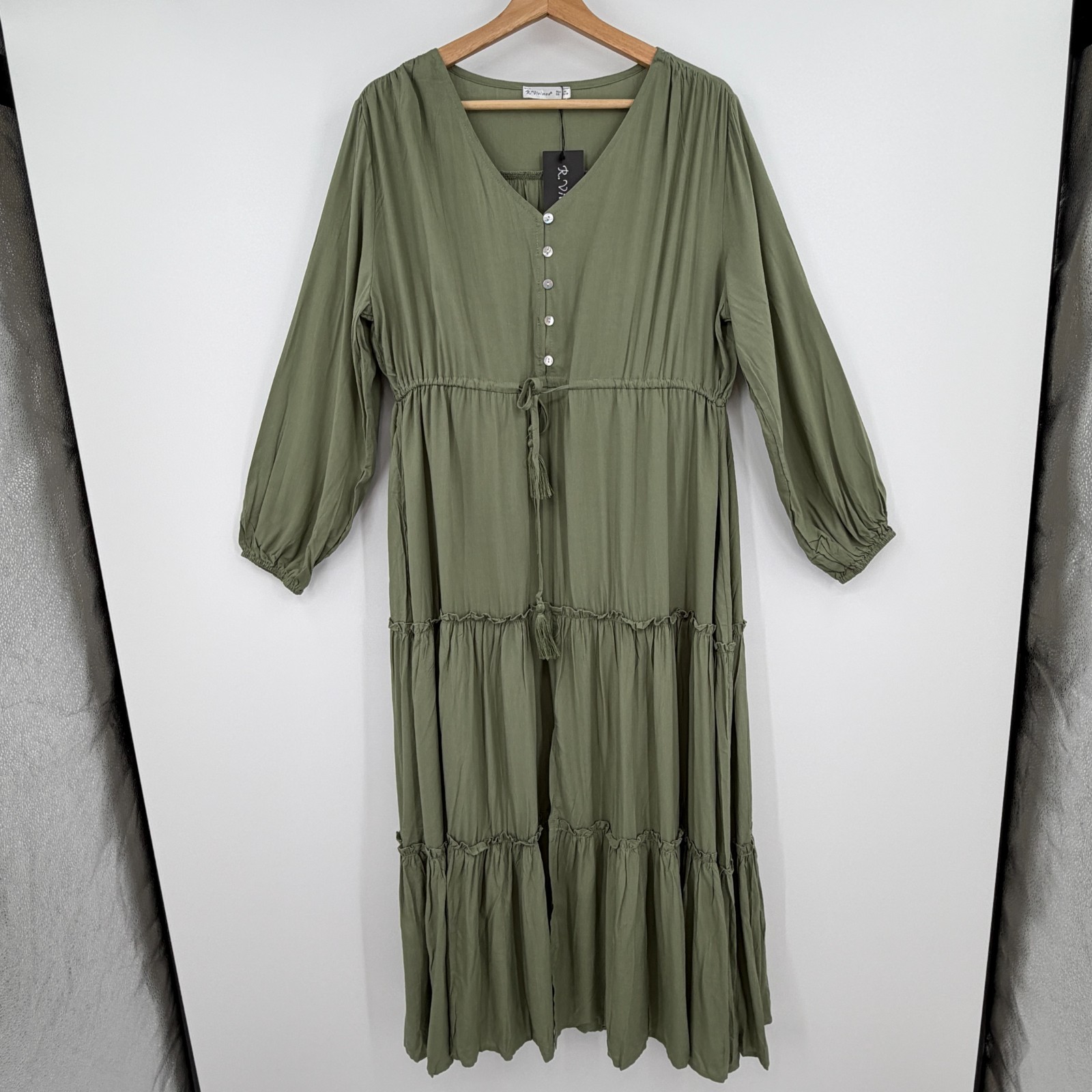R Vivimos Tiered Maxi Dress XL Sage Green Drawstring Boho Peasant Prairie NWT