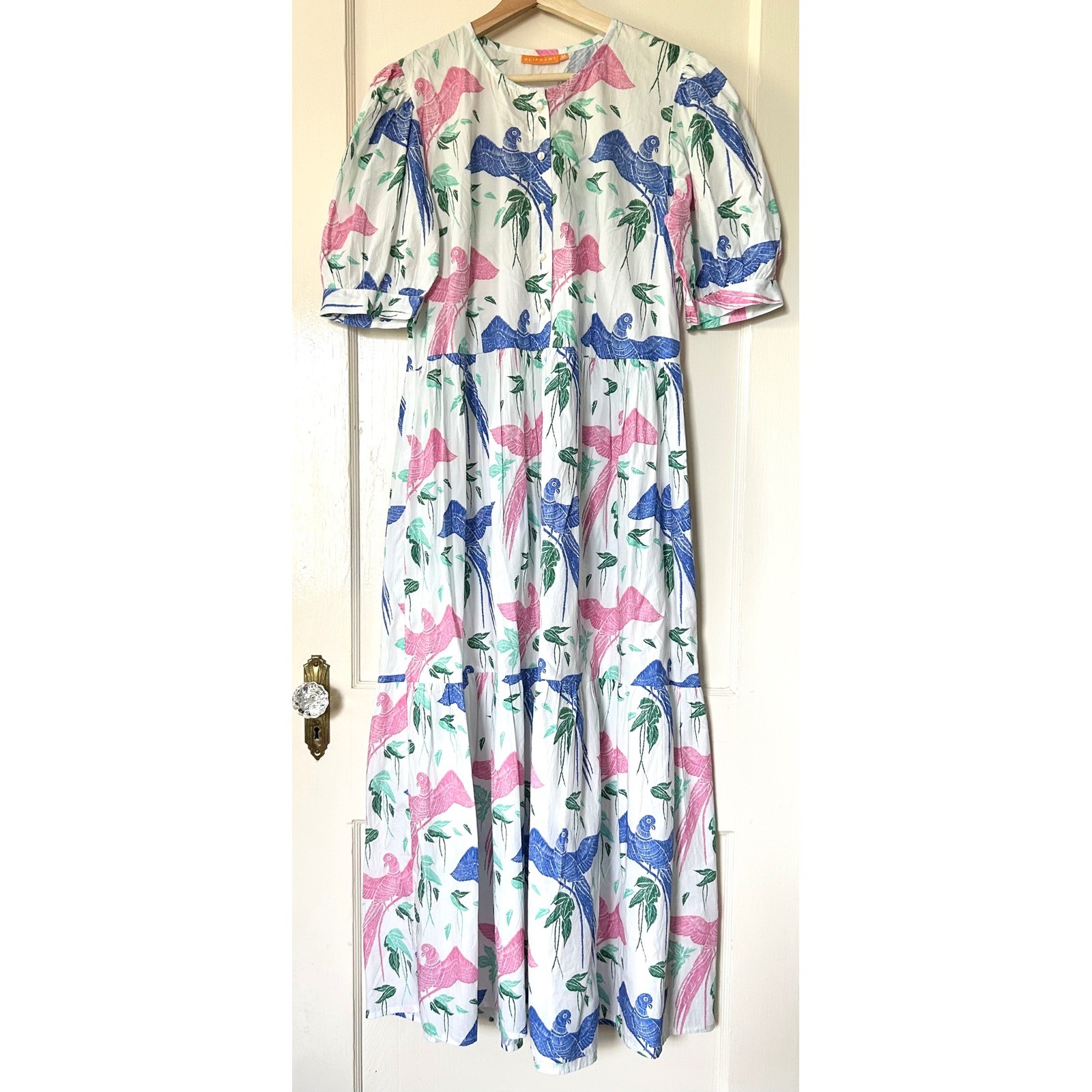 Oliphant Cotton Button Cuff Sleeve Maxi Dress Macaw Blue Pink M Vacation Summer