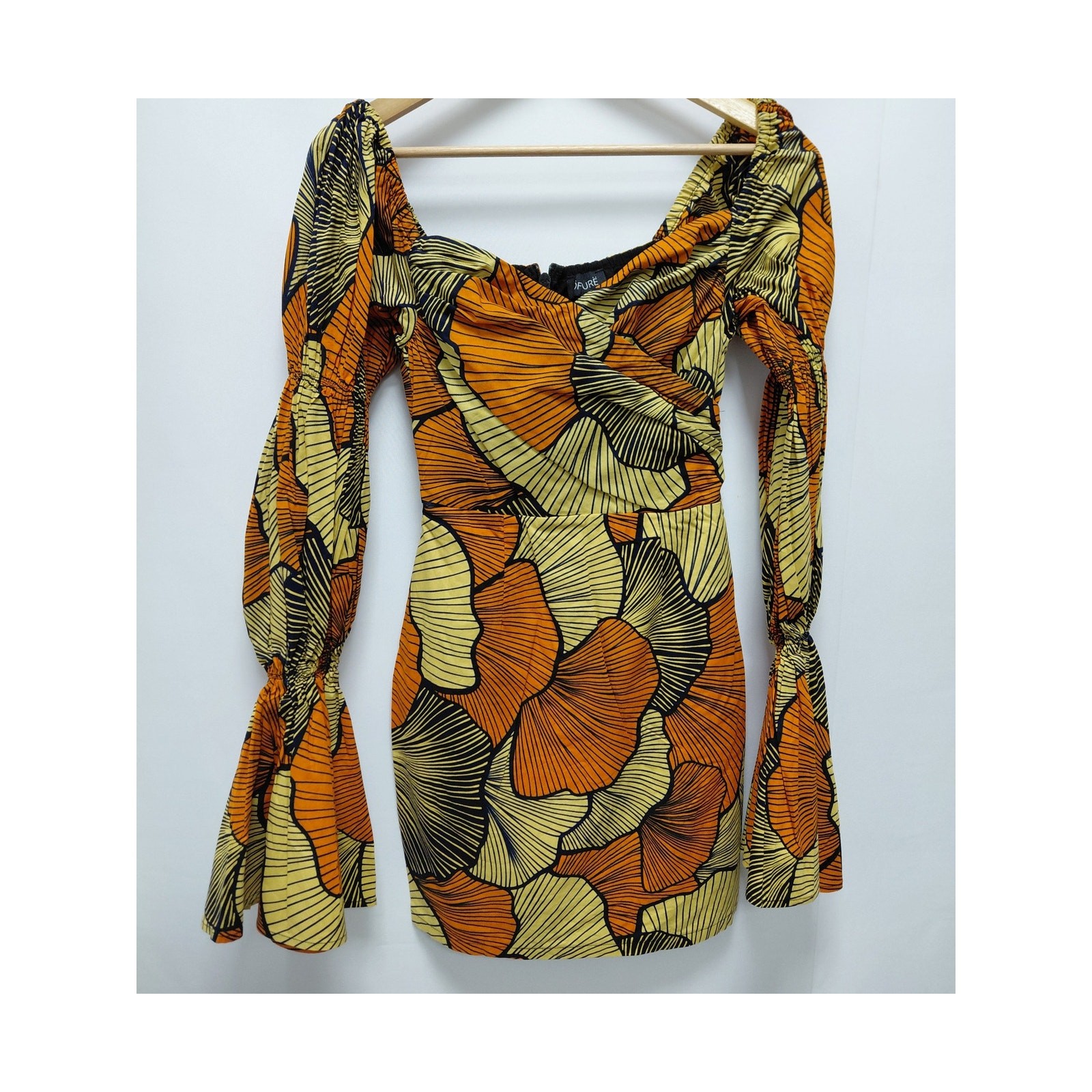 OFUURE Floral Long Sleeve Dress Orange Cotton Square Neck Short Women Size XS