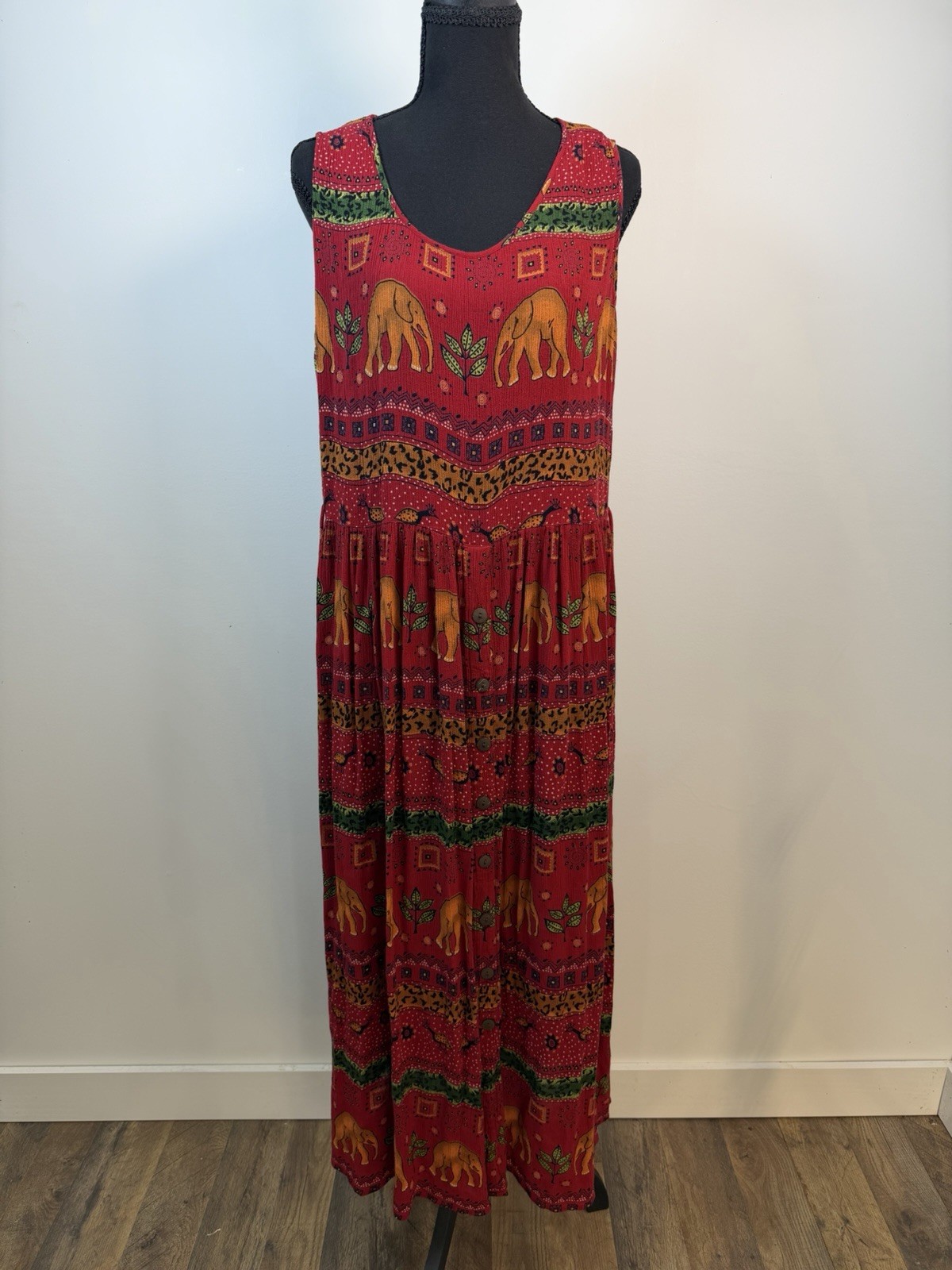 Bila Vintage Sleeveless Maxi Dress Boho 100% Rayon Elephant Print Safari Large