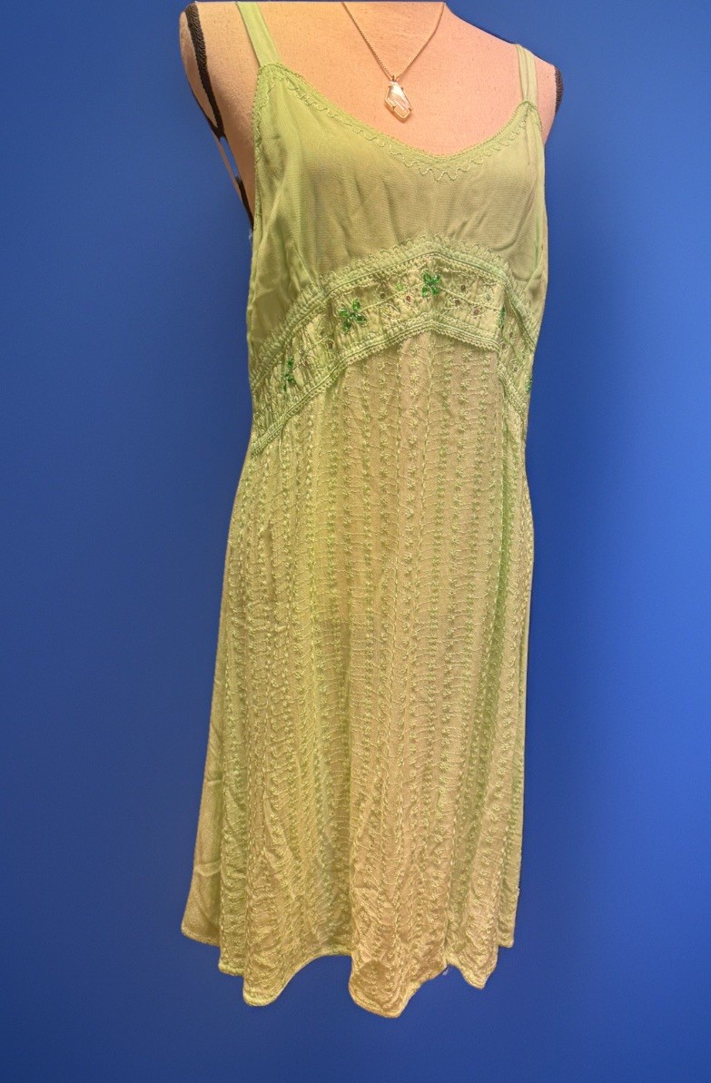 Y2K Pastel Green Slip Dress Eyelet Lace Flower Gems Sweet Heart Bodice Fairy L