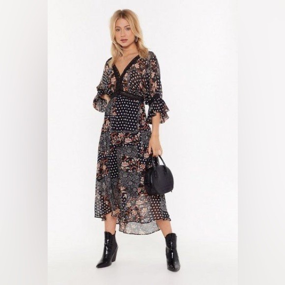 Nasty Gal Black Floral & Polka Dot Maxi Dress – Size 40, US8 – Boho Lace Trim