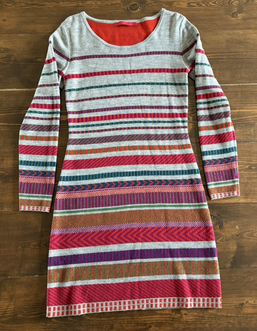 Krimson Klover Womens S Gray Striped Colorful 100% Wool Scoop Neck Sweater Dress